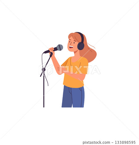 Captivating cartoon singer performing with headphones and microphone stand in vibrant vector 133898595