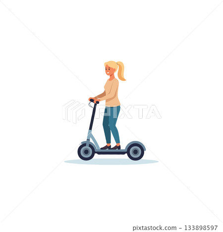 Blond woman gracefully gliding along on a sleek electric scooter experiencing urban movement and Blond woman gracefully gliding along on a sleek electric scooter experiencing urban movement and 133898597
