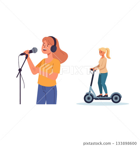 Diverse activities illustrated female singer with microphone and young woman riding scooter Diverse activities illustrated female singer with microphone and young woman riding scooter 133898600