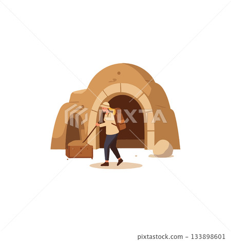 Adventurous character exploring ancient cave with backpack and pulling treasure chest in desert Adventurous character exploring ancient cave with backpack and pulling treasure chest in desert 133898601