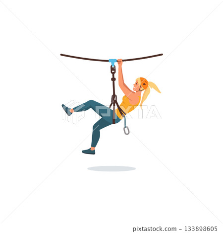 Adventurous woman enjoying outdoor zip line activity surrounded by bright white background 133898605