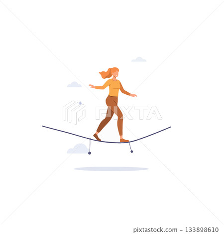 A Woman's Delicate Balancing Act on a Wobbly Tightrope Representing Challenges and Perseverance in 133898610
