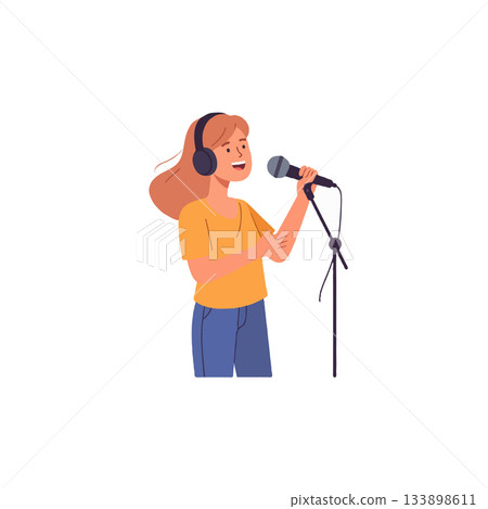 Illustration of a young woman with headphones singing into microphone showing artistic passion 133898611