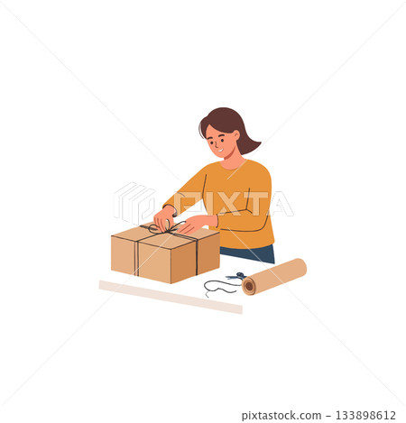 Woman meticulously wrapping a cardboard box with twine, preparing for shipment and ensuring secure 133898612