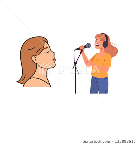 Female vocalist practicing melodies, harmonizing through headphones in recording studio, capturing Female vocalist practicing melodies, harmonizing through headphones in recording studio, capturing 133898615