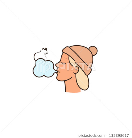 Stylized depiction of exhaling person with winter hat showing breath in cold weather in minimal Stylized depiction of exhaling person with winter hat showing breath in cold weather in minimal 133898617