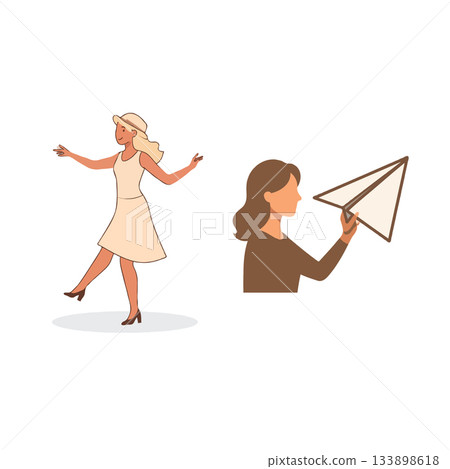 Whimsical depiction of a woman with a paper airplane embodying imaginative flight and artistic 133898618