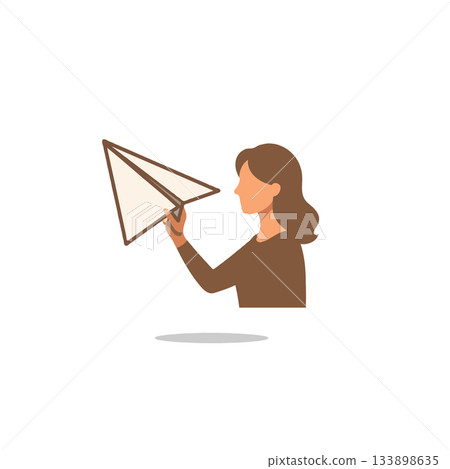 Illustrated woman holding paper airplane embodying aspirations, imagination and hope for future Illustrated woman holding paper airplane embodying aspirations, imagination and hope for future 133898635