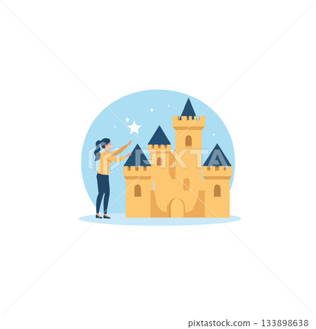 Enchanting dreamscape featuring a woman adding a star to a whimsical fantasy castle illustration Enchanting dreamscape featuring a woman adding a star to a whimsical fantasy castle illustration 133898638