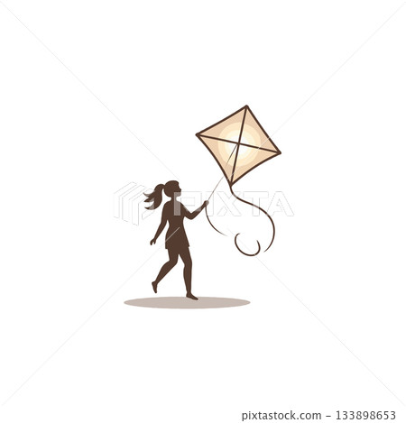 Silhouette of a girl joyfully running and flying a kite on a breezy day under the sun's warm embrace Silhouette of a girl joyfully running and flying a kite on a breezy day under the sun's warm embrace 133898653