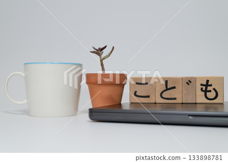 兒童積木、植物和一張附電腦的桌子 兒童積木、植物和一張附電腦的桌子 133898781