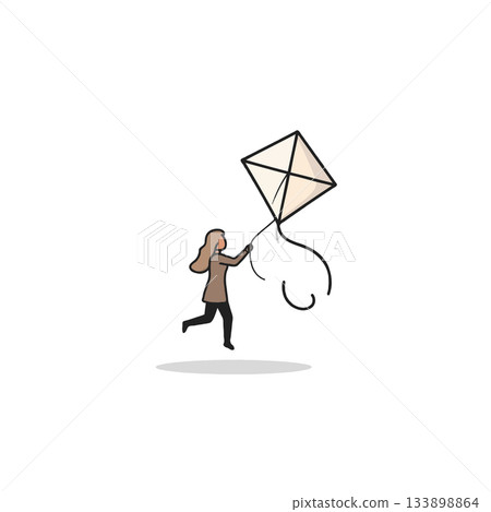 Enthusiastic young woman joyfully runs and holding a soaring kite with unbound happiness against Enthusiastic young woman joyfully runs and holding a soaring kite with unbound happiness against 133898864