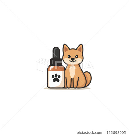 Adorable illustration of a Shiba Inu with a bottle of canine health supplement for pet care products 133898905