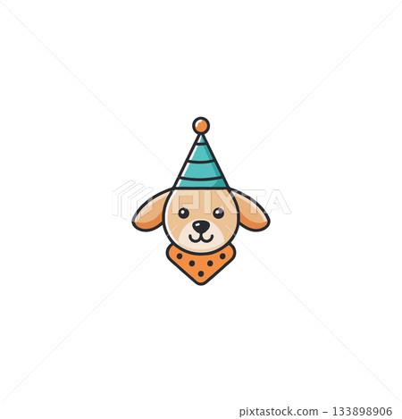Delightful canine character illustration in celebratory party hat showing joyous mascot head 133898906