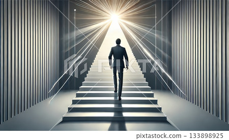 Glowing success, back view of a man climbing the stairs towards the goal 133898925