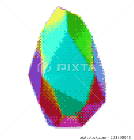 Pixelated illustration of a multifaceted gemstone or crystal with bright, multicolored facets. 133898948