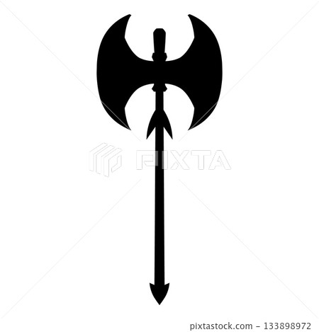 Black silhouette of a double-sided medieval battle axe with a sharp tip on the handle. 133898972