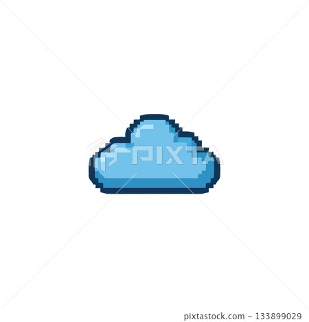 Pixelated cloud icon against white canvas symbolizing digital weather concept for retro designs or 133899029