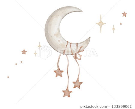 Horizontal composition with moon with red stars tied to a ribbon. Hand drawn watercolor illustration in muted tones for Baby shower invitations or nursery wall art. Drawing sky for kids greeting cards Horizontal composition with moon with red stars tied to a ribbon. Hand drawn watercolor illustration in muted tones for Baby shower invitations or nursery wall art. Drawing sky for kids greeting cards 133899061