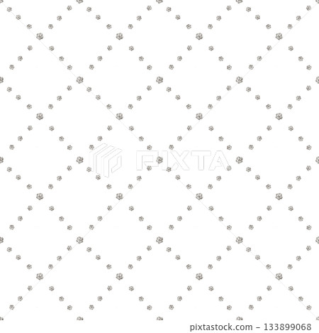 Geometric diamond seamless pattern made from watercolor drawing of dog paw prints on an isolated white background. Repeat ornament with cartoon style grey print dog or animal footprints. 133899068