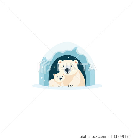 Illustrative depiction of a polar bear mother and cub sheltering within an igloo in arctic Illustrative depiction of a polar bear mother and cub sheltering within an igloo in arctic 133899151
