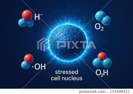 Scientific illustration of stressed cell nucleus with an energetic halo effect. Charged molecular clusters like oxygen and hydroxyl radical interact on deep blue background 133899321