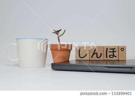 A letter block with the character "Shinpo" on top of a laptop, coffee, and succulents 133899401