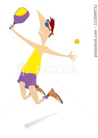 Happy young man playing pickleball. Pickleball court. Jumping man happy to make a good shot. Isolated on white background Happy young man playing pickleball. Pickleball court. Jumping man happy to make a good shot. Isolated on white background 133899732