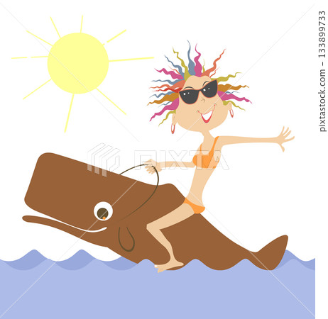 Young woman rides on the whale. Summer. Sunny day. Young woman riding on the cute whale 133899733