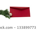 Red envelope with white card, pine branch, cone and twine, isolated on white background, festive and natural 133899773