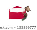 Red envelope with white card, pine branch, cone and twine, isolated on white background, festive and natural 133899777