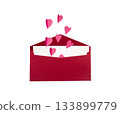 Red envelope with white card and pink paper hearts, isolated on white background, romantic and festive 133899779