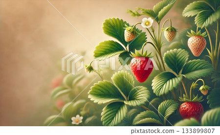 Close-up of natural strawberry bushes in a tranquil garden Close-up of natural strawberry bushes in a tranquil garden 133899807
