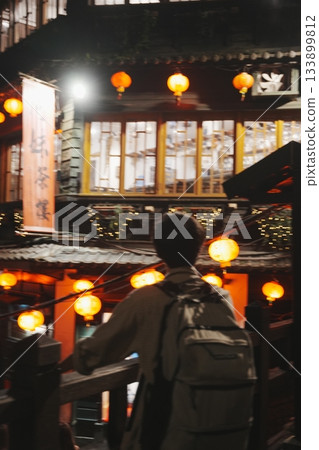 Red lanterns illuminate the stone steps. A nostalgic night view of the fantastic Jiufen, Taiwan 133899812