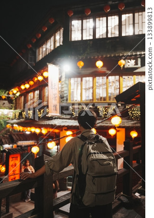 Red lanterns illuminate the stone steps. A nostalgic night view of the fantastic Jiufen, Taiwan 133899813
