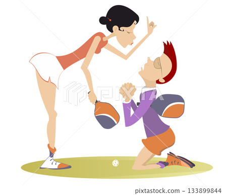 Couple pickleball players. Angry woman and upset kneeling man. Pickleball court. Angry woman scolds an upset man standing on the knees. Man begs forgiveness from his girlfriend Couple pickleball players. Angry woman and upset kneeling man. Pickleball court. Angry woman scolds an upset man standing on the knees. Man begs forgiveness from his girlfriend 133899844