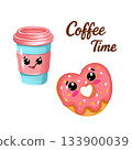 Cute illustrations for a coffee shop. A takeaway coffee cup and a heart-shaped doughnut with kawaii faces. Coffee time. 133900039
