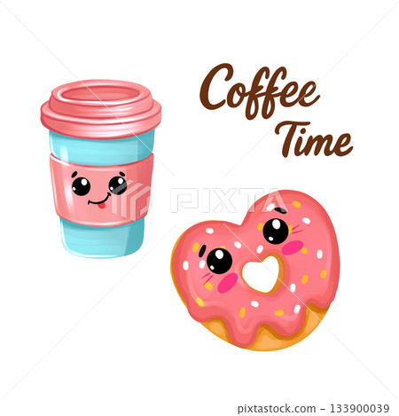 Cute illustrations for a coffee shop. A takeaway coffee cup and a heart-shaped doughnut with kawaii faces. Coffee time. Cute illustrations for a coffee shop. A takeaway coffee cup and a heart-shaped doughnut with kawaii faces. Coffee time. 133900039