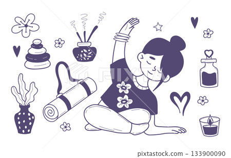 Yoga Woman Doodle Set. Seated Pose, Relaxation Accessories and Self-Care, Wellness Accessories. Isolated Hand-drawn on White. Vector Illustration. Not AI Yoga Woman Doodle Set. Seated Pose, Relaxation Accessories and Self-Care, Wellness Accessories. Isolated Hand-drawn on White. Vector Illustration. Not AI 133900090