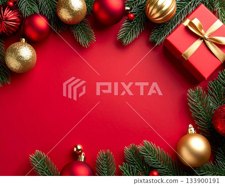 奢華聖誕背景素材 - 十二月、冬季、節慶、杉樹、紅色背景 133900191