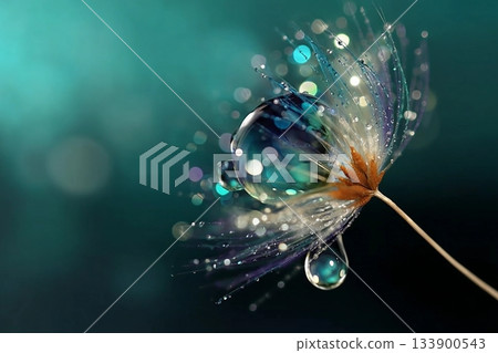 Beautiful shiny dew water drop on dandelion seed in nature macro. Soft selective focus, sparkling bokeh. Dark blue green background. 133900543