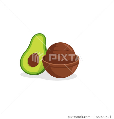 Vibrant avocado half alongside a creamy chocolate ball in a minimalist illustration concept design Vibrant avocado half alongside a creamy chocolate ball in a minimalist illustration concept design 133900691