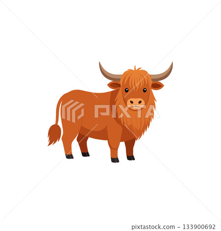 Captivating cartoon illustration featuring a highland cow with bushy hair and curved horns on Captivating cartoon illustration featuring a highland cow with bushy hair and curved horns on 133900692
