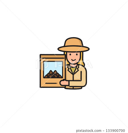 Illustration of a happy female botanist presenting a field sample with a scenic mountain backdrop 133900700