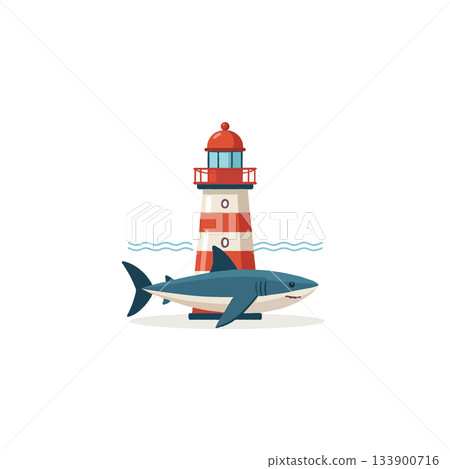 Whimsical marine illustration featuring a shark playfully positioned against a charming striped 133900716