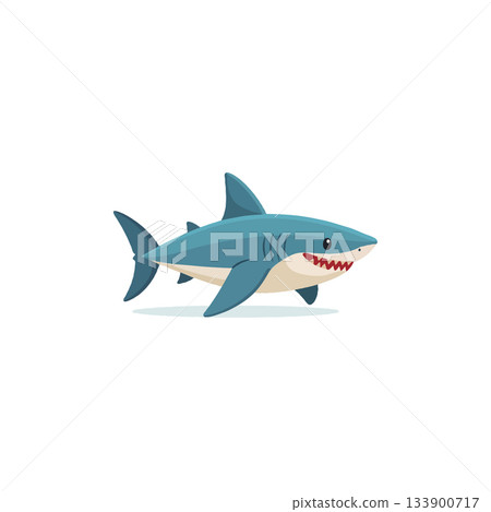 Cartoon shark illustration with playful expression set against a plain white background creating Cartoon shark illustration with playful expression set against a plain white background creating 133900717