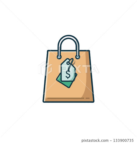 Stylized shopping bag illustration featuring a price tag, indicating value and potential purchase 133900735