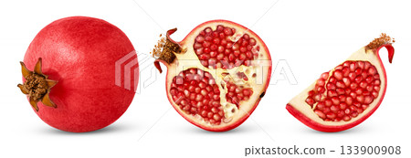 Collection of pomegranates isolated. Fresh ripe pomegranate, half of pomegranate and cut in a slice of pomegranate with clipping path. Collection of pomegranates isolated. Fresh ripe pomegranate, half of pomegranate and cut in a slice of pomegranate with clipping path. 133900908