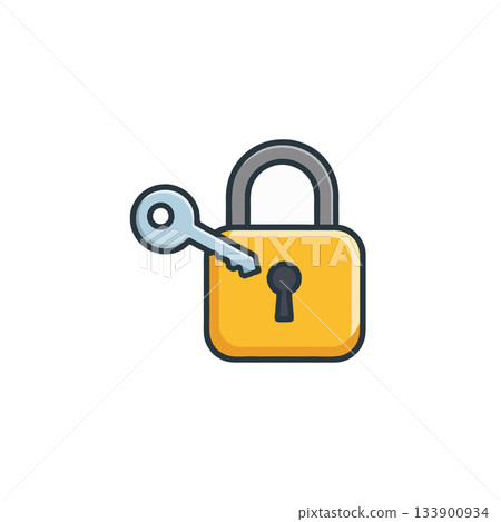 Whimsical security representation featuring a lock with a key poised to open or close it providing Whimsical security representation featuring a lock with a key poised to open or close it providing 133900934