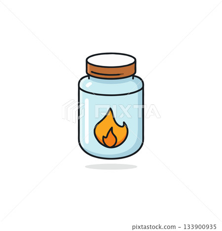 Fiery essence in glass jar illustration, a luminous flame contained in a potion vessel, 133900935